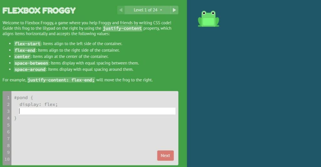 flexbox froggy 1024x533 - 12 Sites Para Aprender a Programar jogando